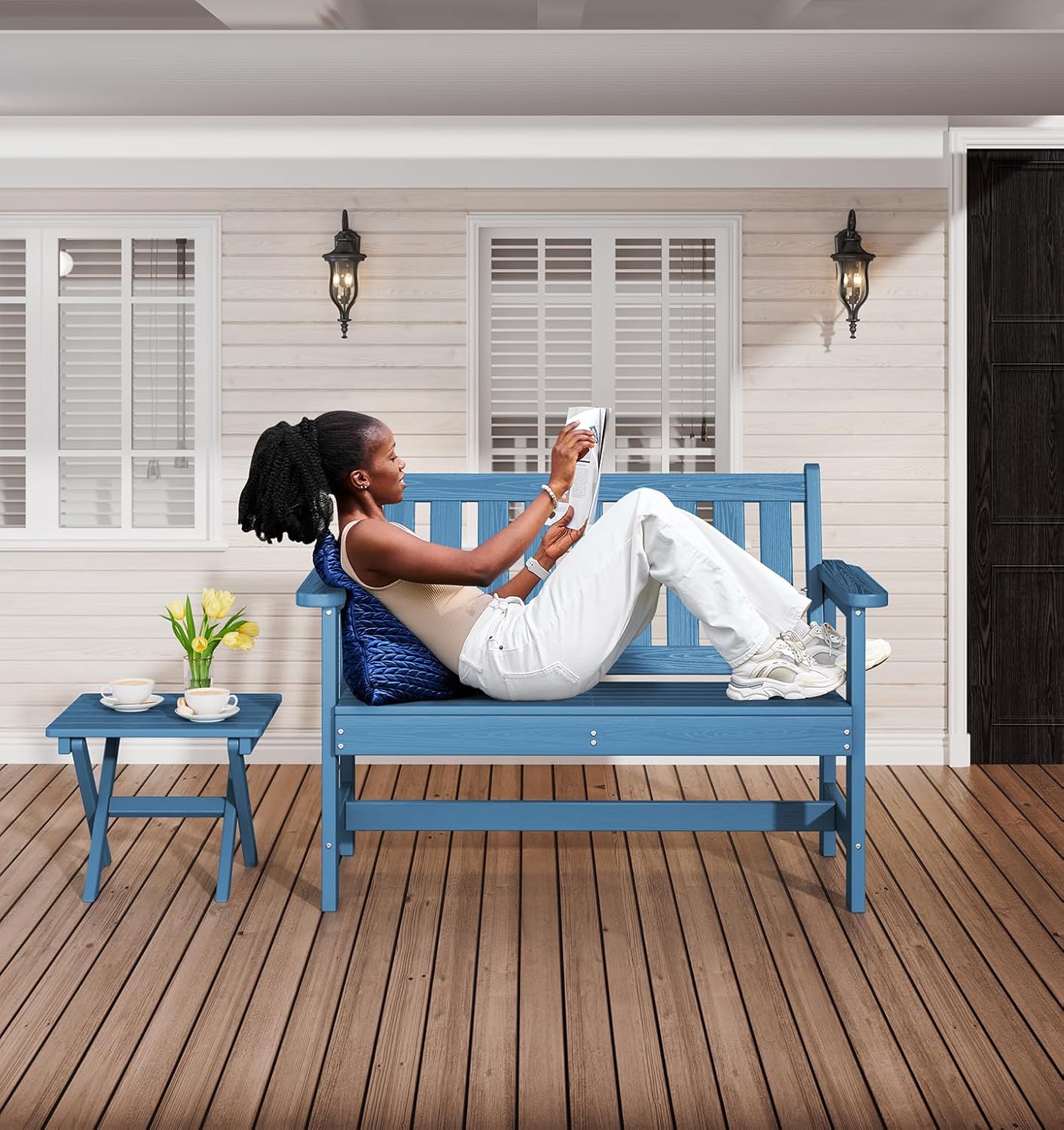 SERWALL Outdoor Bench, HDPE Outdoor Benches Weatherproof, 2-Person Garden Bench with 660 lbs Weight Capacity, Patio Benches for Outdoors, Garden, Porch, Backyard and Park, Navy, 6 Pack