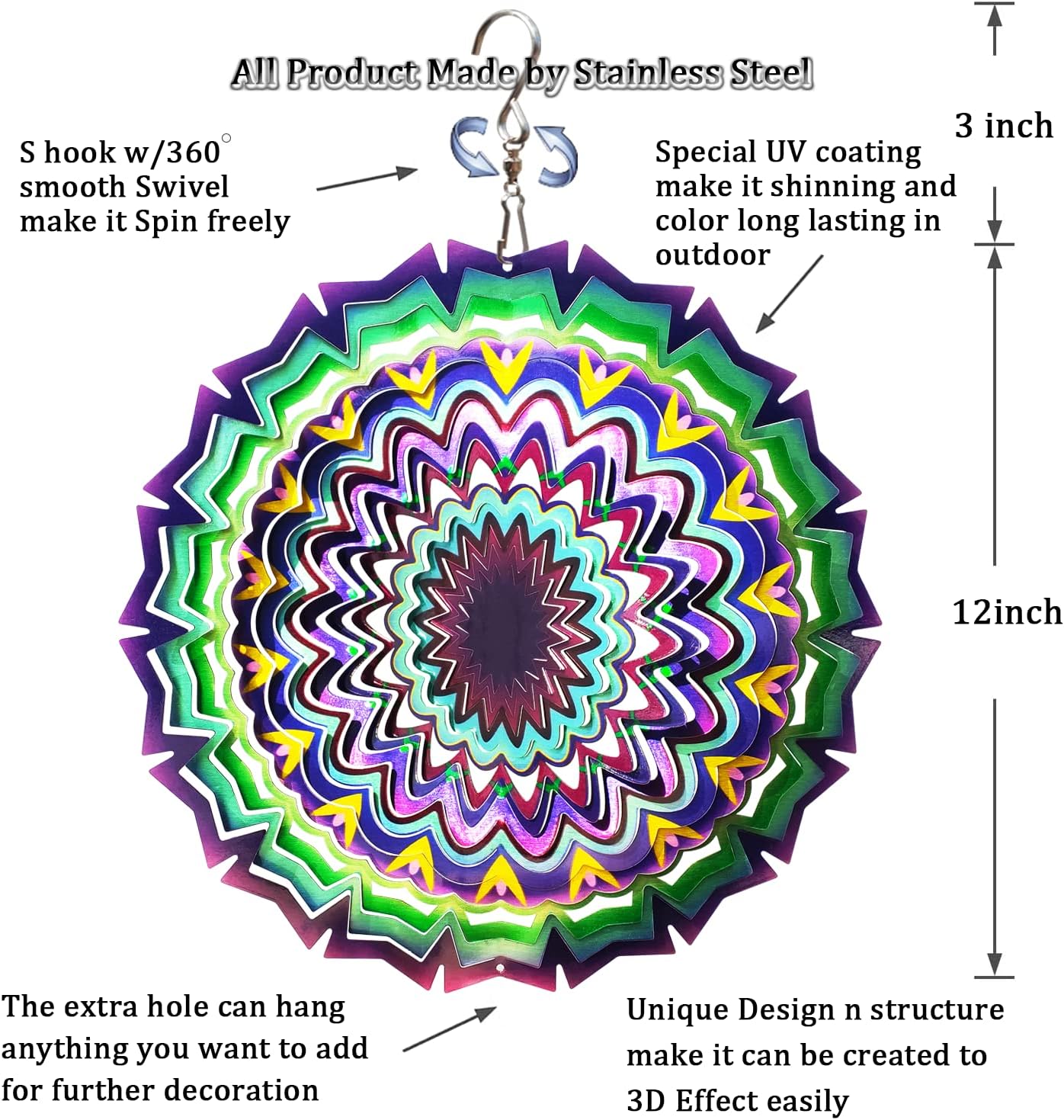 FONMY Wind Spinner Mandala Lucky Star Purple Color 12 inch 3D Stainless Steel Laser Cut Metal Art Geometric Pattern - Hanging Wind Spinner, Kinetic Yard Art Decorations - Indoor/Outdoor Décor