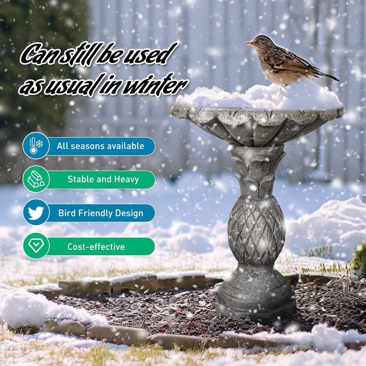 SunJet 24.8 Inch Heigh Concrete Bird Bath with Pineapple Texture – birdbath Sturdy & Elegant Design, Vintage Freestanding Style, Attracts Birds and Enhances Garden, Patio, Yard, Lawn Décor