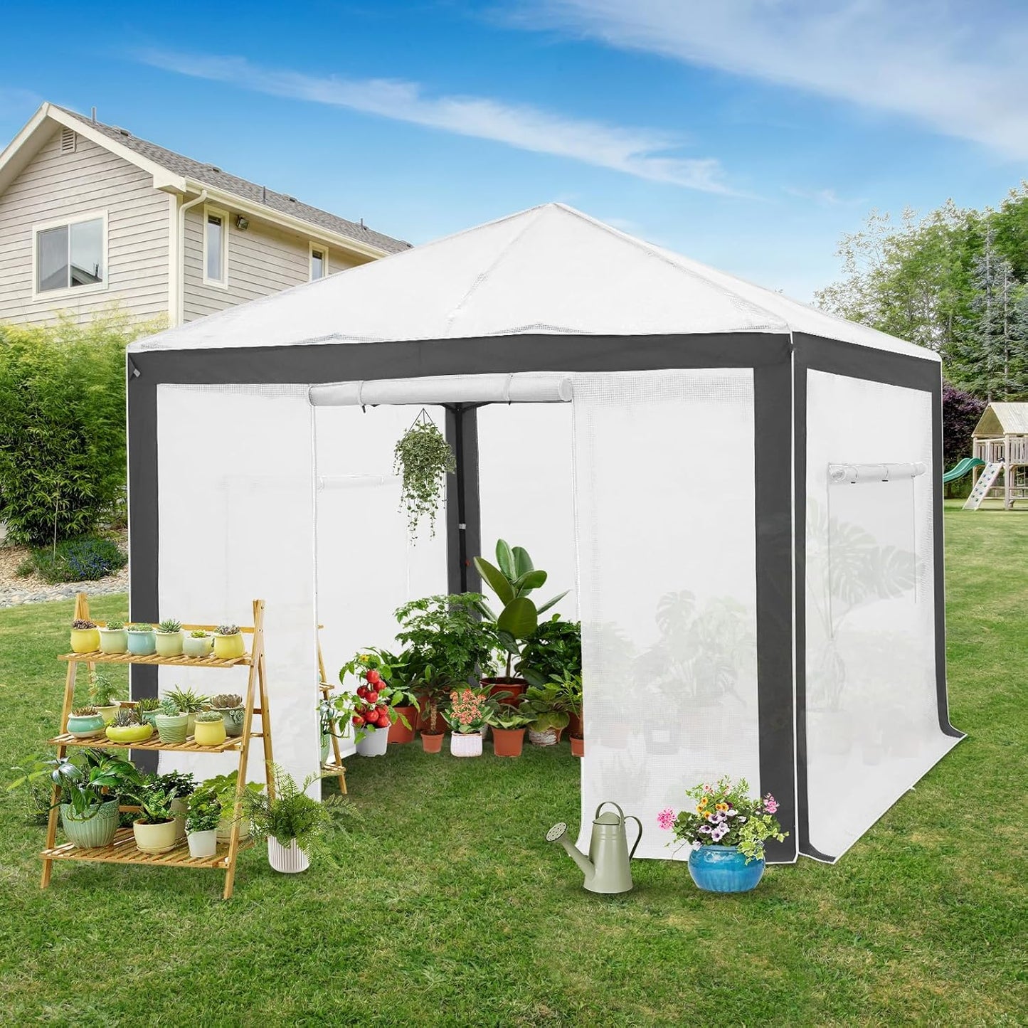 EAGLE PEAK 10x10 Portable Walk in Greenhouse with Polyester Reinforced Corners, Instant Pop up Indoor Outdoor Gardening Green House, Roll Up Zipper Entry Doors and Mesh Windows, Gray/White