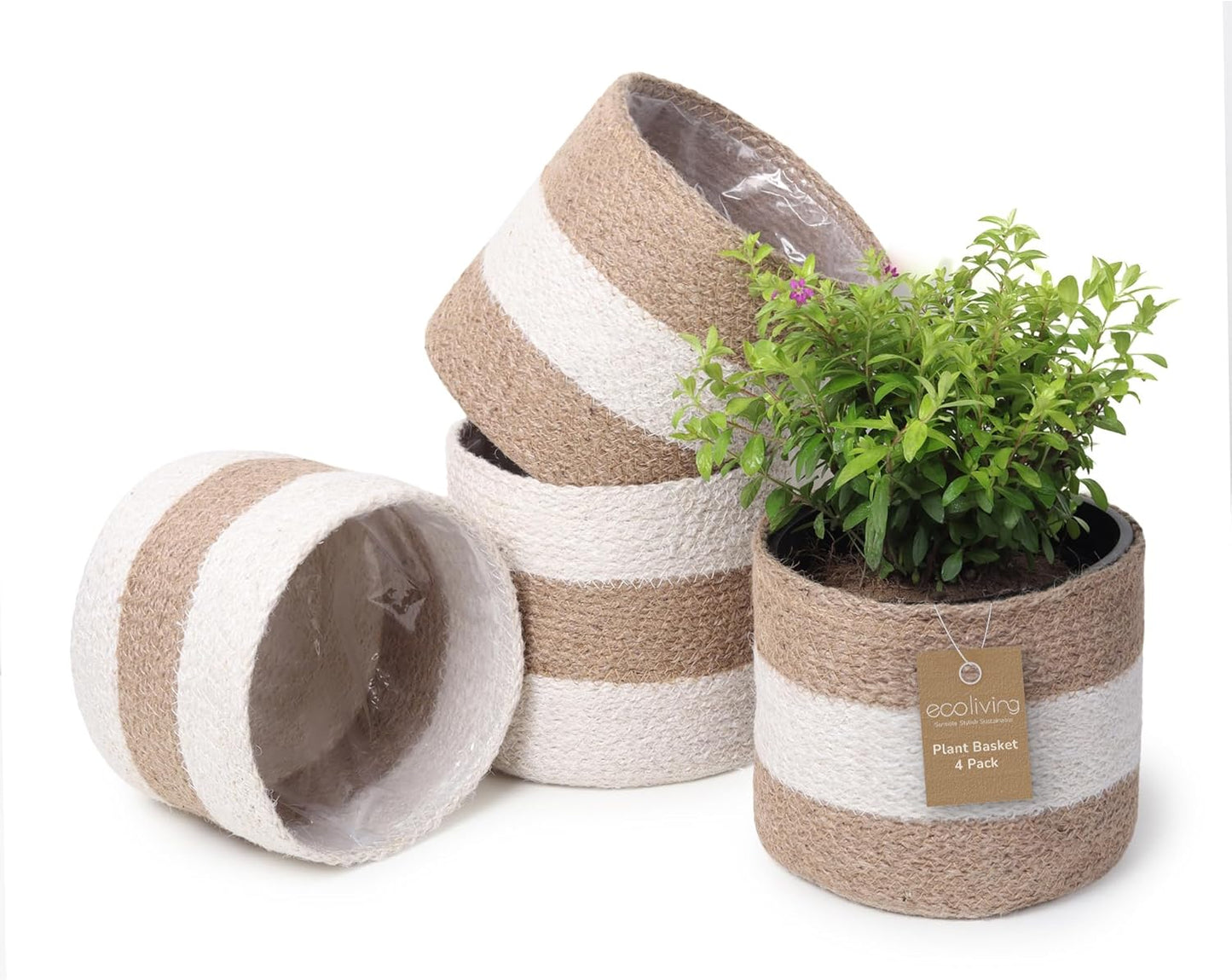Jute Planter Basket Sustainable Woven Rope Covers for Decorating Indoor/Outdoor Plants Pots 6.5x6.5x6 Inches Ideal Size for 6" Planter-Multi-Purpose Storage Set of 4 White & Natural Jute