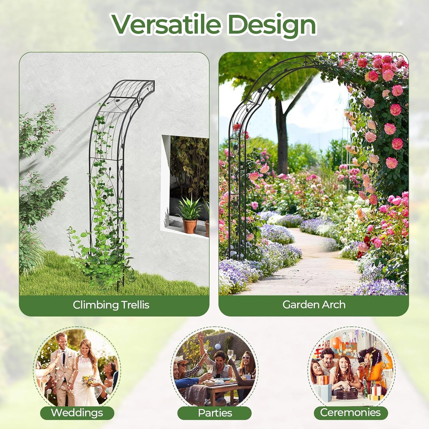 IRONMAX Garden Arch, Heavy Duty Galvanized Steel Arbor w/ 7 Sizes & Metal Flower Leaf Decoration, Outdoor Garden Trellis for Climbing Plants Rose Vines & Wedding Party Ceremony