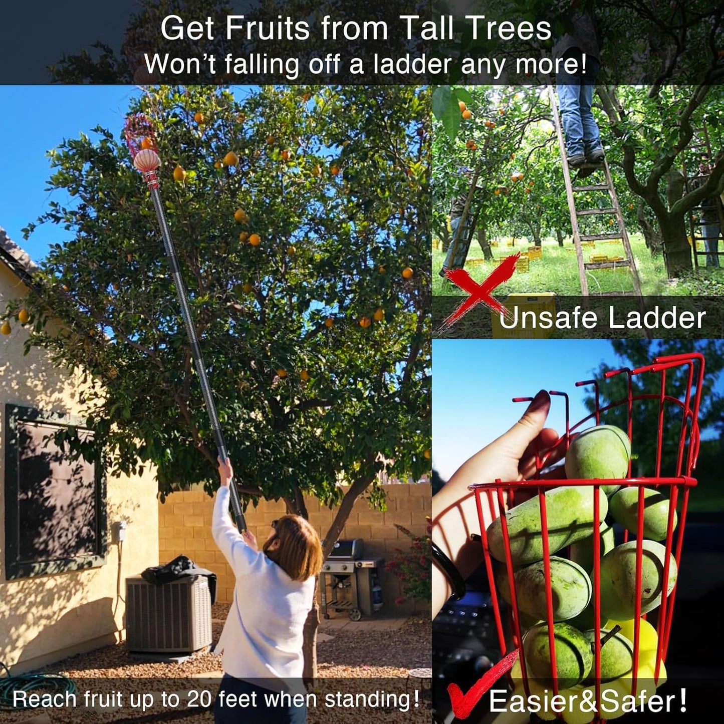 DonSail Fruit Picker Pole with Basket Telescoping, Citrus Orange Picker Pole with Basket 35-150 inch Long Handle, Mango Avocado Fig Acorn Pear Pomelo Chery Lemon Picker for Tree