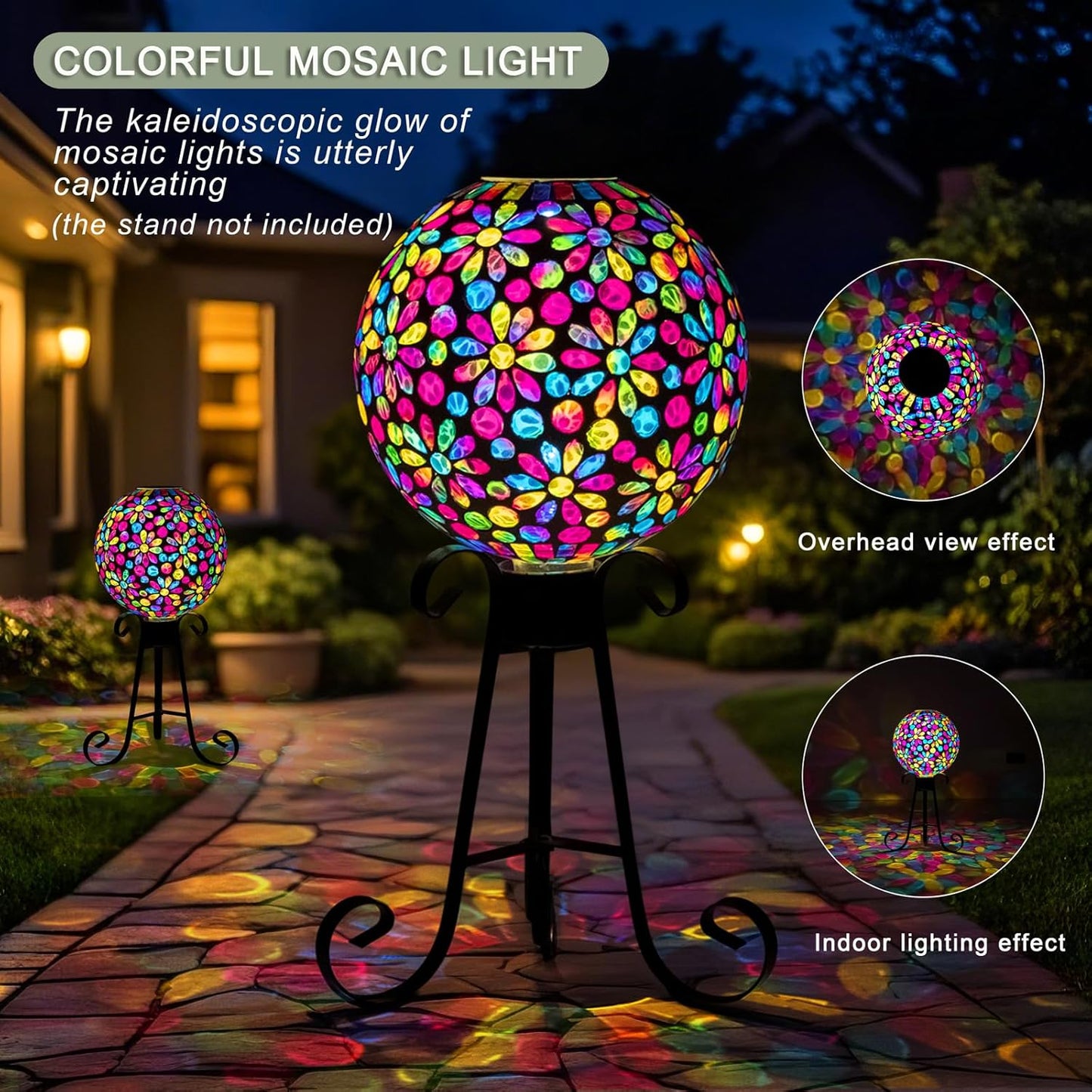 VOREEN 10" Mosaic Glass Gazing Ball with Solar Light, Outdoor Solar Gazing Globe, Handmade IP44 Waterproof Garden Decor Sphere for Patio Yard, Ideal Gift for Mom Wife Friend, Colorful Daisy Design