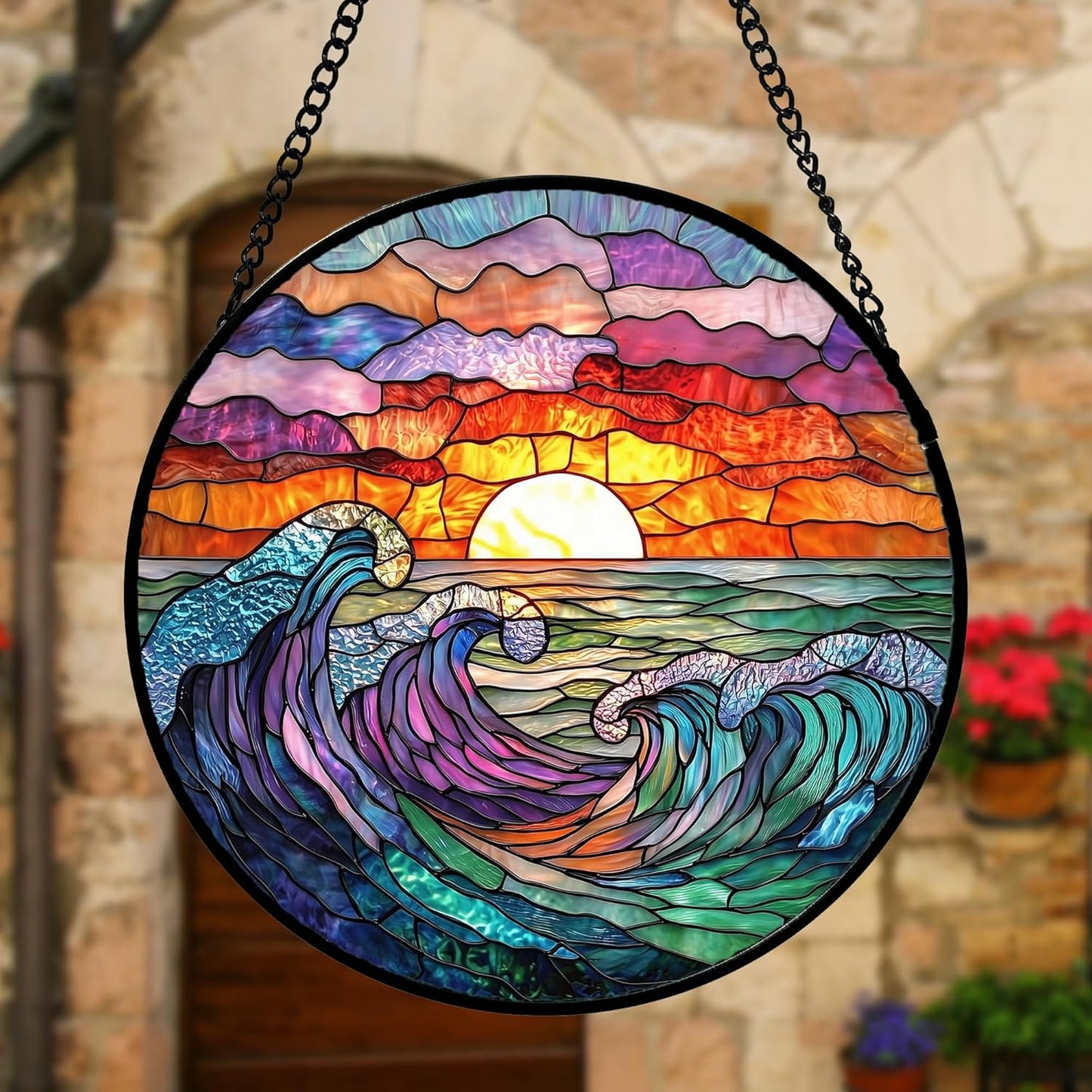 Stained Glass Window Hanging, Clouds and Sea Waves Suncatcher Diamond Glass Panel Hangings Scenery Sun Catchers Decor for Birthday for Women, Men, Wife, Aunt, and Mom 6.3 in