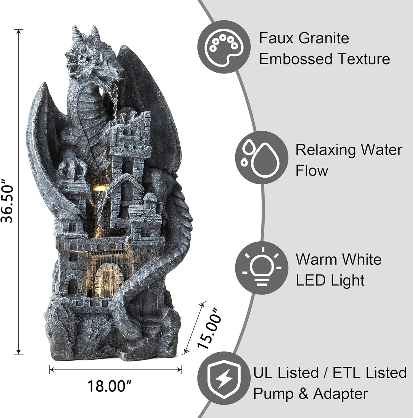 Glitzhome 4-Tiered Cascading Outdoor Water Fountain for Garden Patio Yard Mystical Gothic Dragon Water Fountains Outdoor with LED Lights & Pump, Large Floor Stand Fountain Dragon Waterfalls 36.5" H
