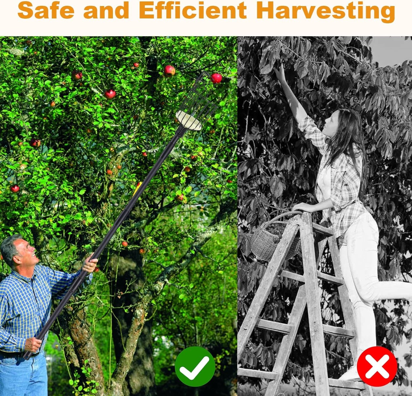 Fruit Picker Pole with Basket, 10.7FT (130 Inch) Adjustable Fruits Picker Tool with Stainless Steel Handle Fruit Grabber Reach Tool for Apple Mango Pear Avocados Fruit Picking, Black