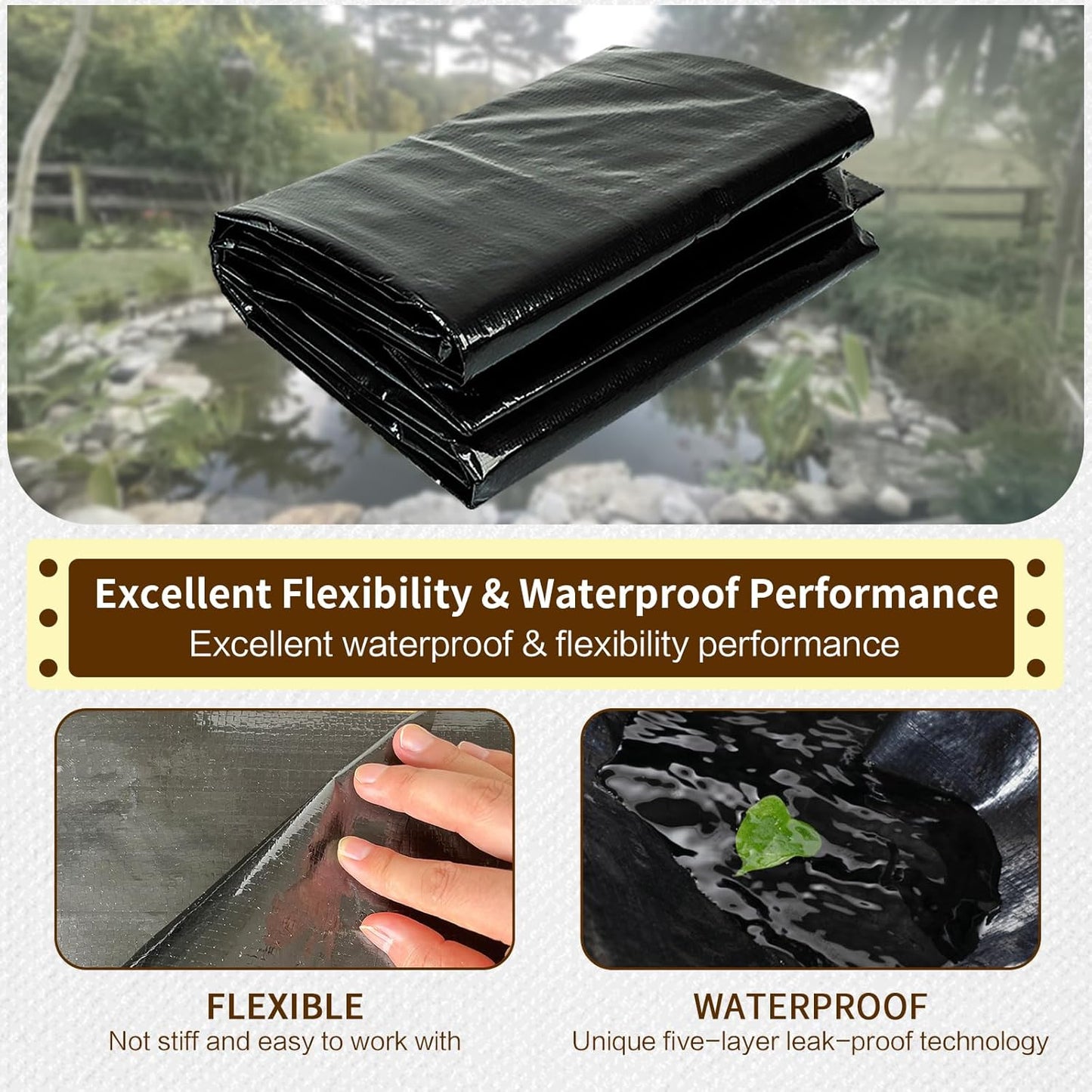 yeezoo 15x20FT Reinforced PE Pond Liner, KOI Pond Liners for Outdoor Ponds, Enhanced 5-Layer Structure Pond Liner for Fish, Duck, Garden Raised Bed and Waterscape Pond(0.63oz/sq ft Thickness)