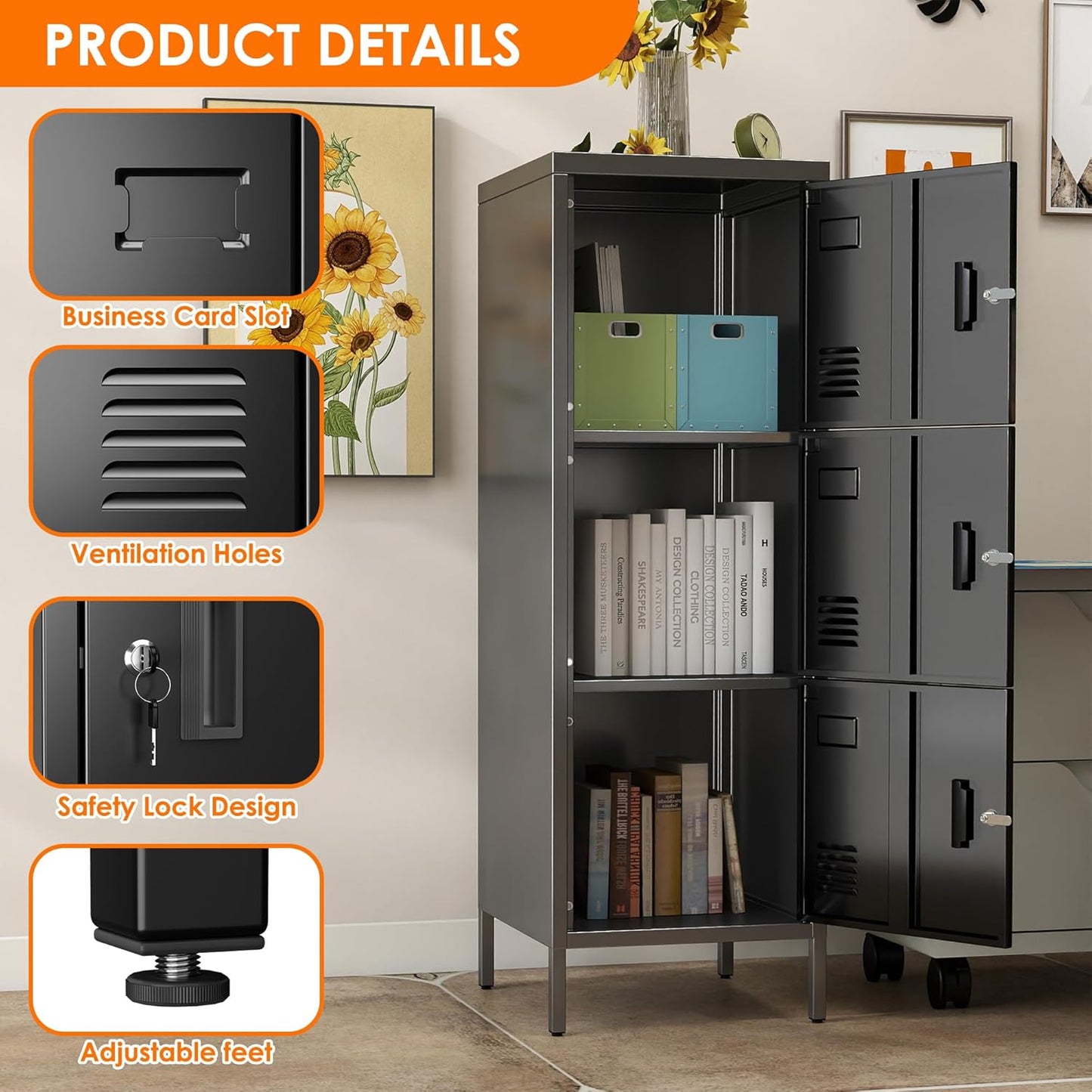 47.3" H*15.8" W*15.8" D Metal Storage Locker for Employees,3 Doors Employee Lockers with Adjustable Feet,Steel Home Office Storage Cabinet for School Gym Home Office, Assembly Required,Black