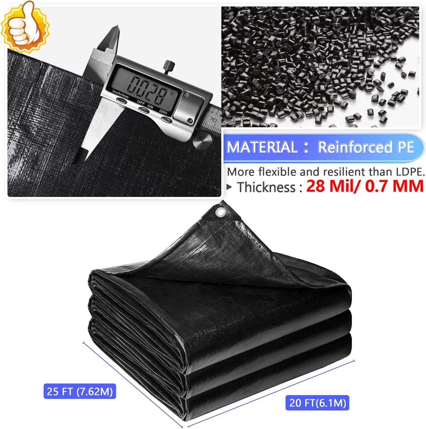 Reinforced PE Pond Liner 20 x 25 FT, 28 Mil Sun Resistant Preformed Pond Liner, Hemmed Edge with Buttonholes Liner for Outdoor Large Ponds, Fish/KOI/Duck Pond, Garden Waterfall, Waterscape, Black