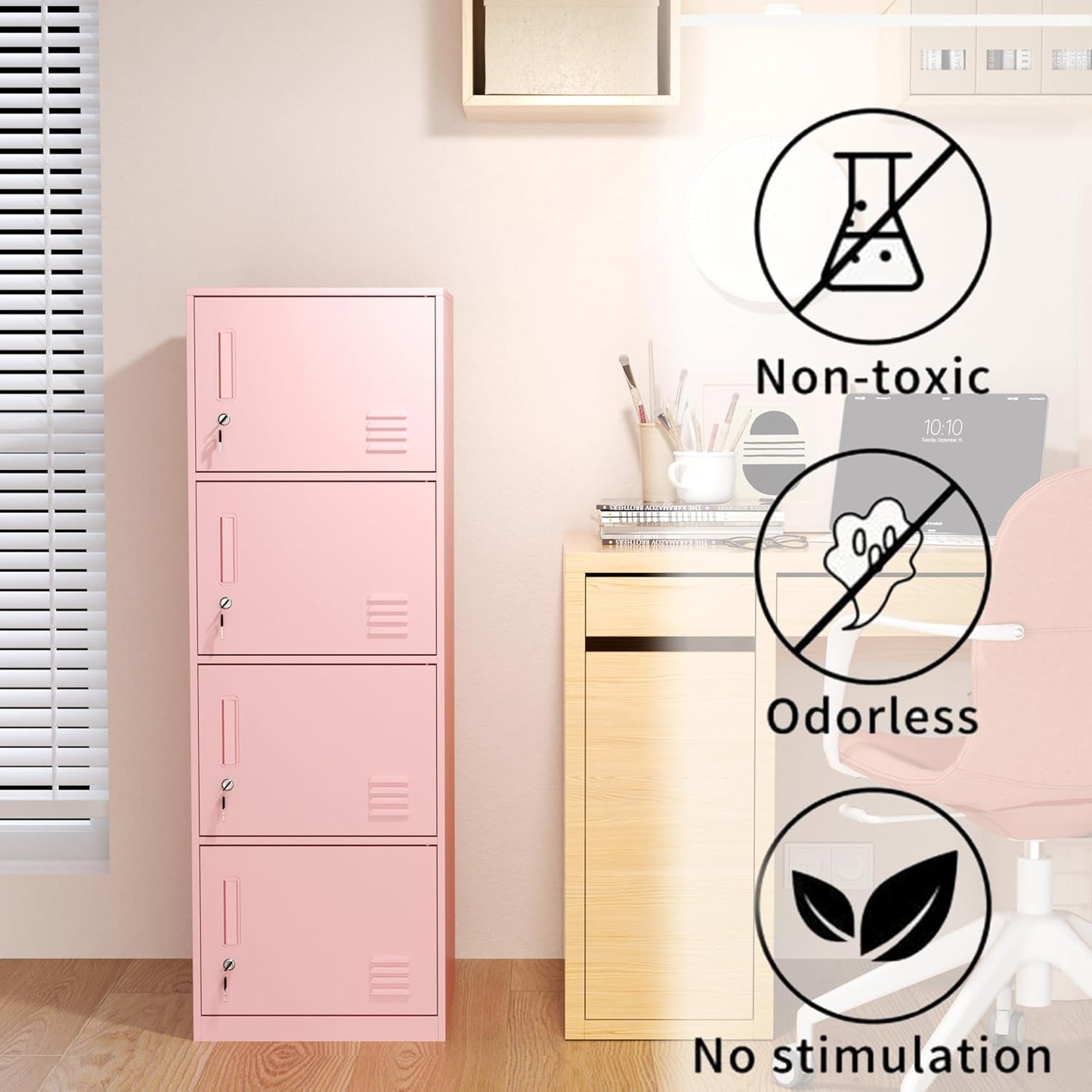 4 Door Metal Storage Locker Cabinet for Office, Home, Gym, School, Steel Cabinet to Storage File, Toys, Shoes and Sports Equipment, Locker Organizer for Gym Office Bedroom (4 Door, Pink)