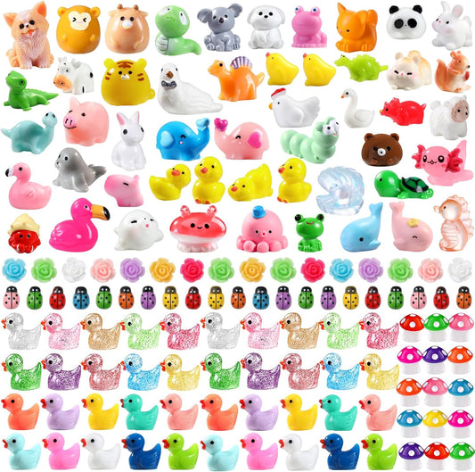 150pcs Mini Resin Animals, Colorful Tiny Small Little Glitter Ducks Mushroom Figures to Hide Miniature Figurines for Dollhouse Micro Landscape Aquarium Decorations DIY Crafts