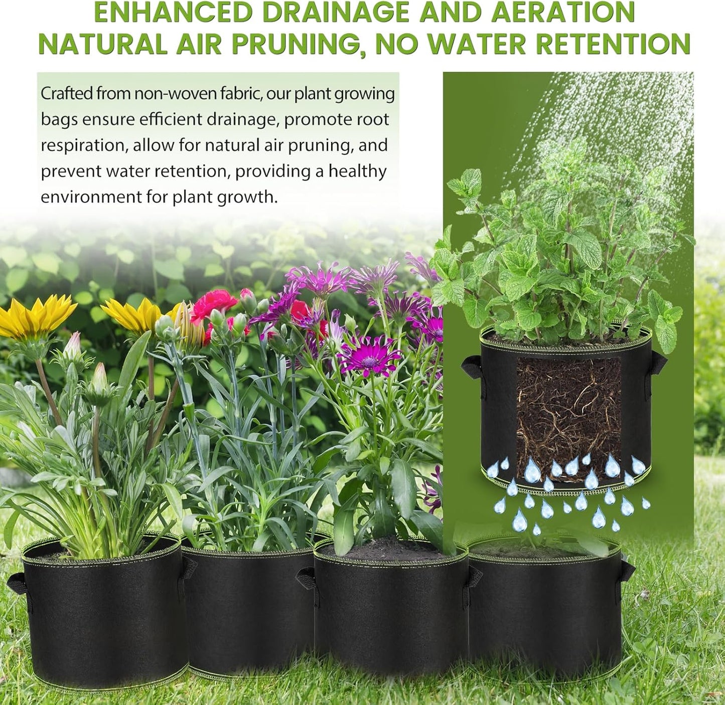 Grow Bags 5 Gallon10Pcs Heavy Duty 300G Fabric Pots for Plants,Thickened Nonwoven Garden Bags for Vegetables,Large Nursery Pots,Tomato, Green Line Border (5 Gallons)