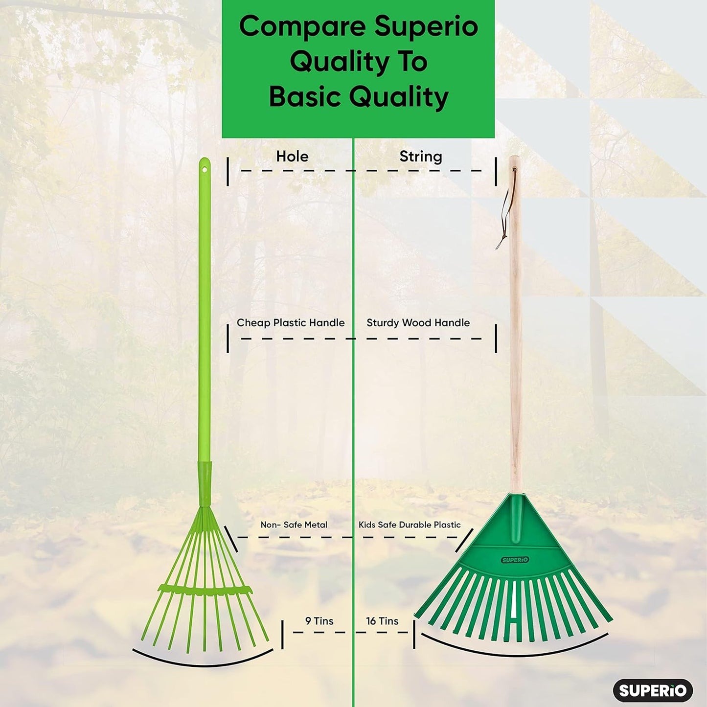 Superio Kids Rake with Hardwood Handle, Gardening and Lawn Care Tools for Kids, Sweep Leaves and Tidying Up The Garden, Plastic Tines and Heavy Duty Wooden Handle 34"