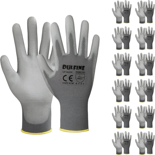 DULFINE Safety Work Gloves PU Coated-12 Pairs,Grey Seamless Knit Glove with Polyurethane Coated Smooth Grip on Palm & Fingers, for Men and Women, Ideal for General Duty Work (Extra Large)