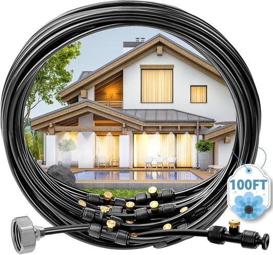 MIXC Misters for Outside Patio, 100FT (30M) Misting Line+27 Mist Nozzles+3/4" Brass Adapter, Outdoor Misting Cooling System for Patio Backyard Greenhouse Trampoline Horse Corral