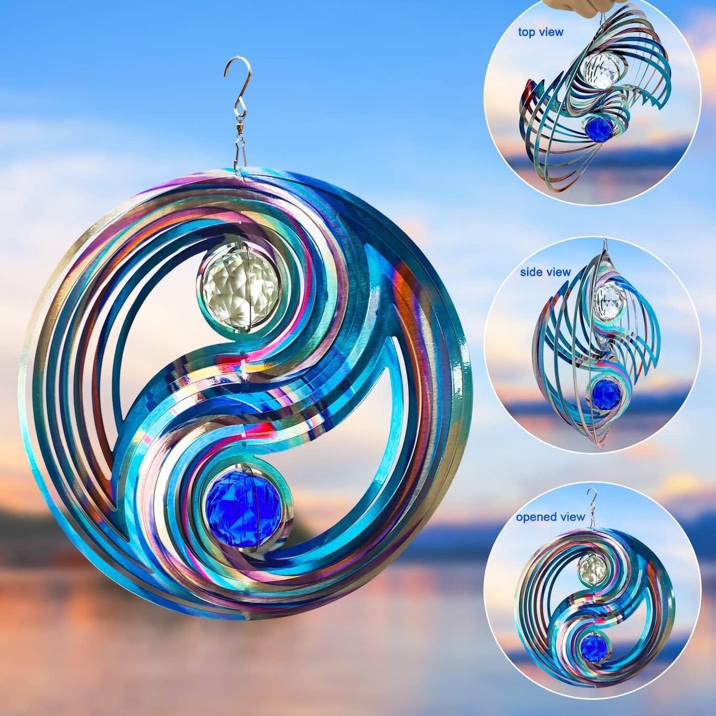 FONMY Mandala Wind Spinner w/Crystal Ball-Fengshui 3D Stainless Steel Hanging Spinners Worth Gift Christmas Decoration Indoor/Outdoor Garden Décor Kinetic Yard Art 12 Inches Wind Sculpture