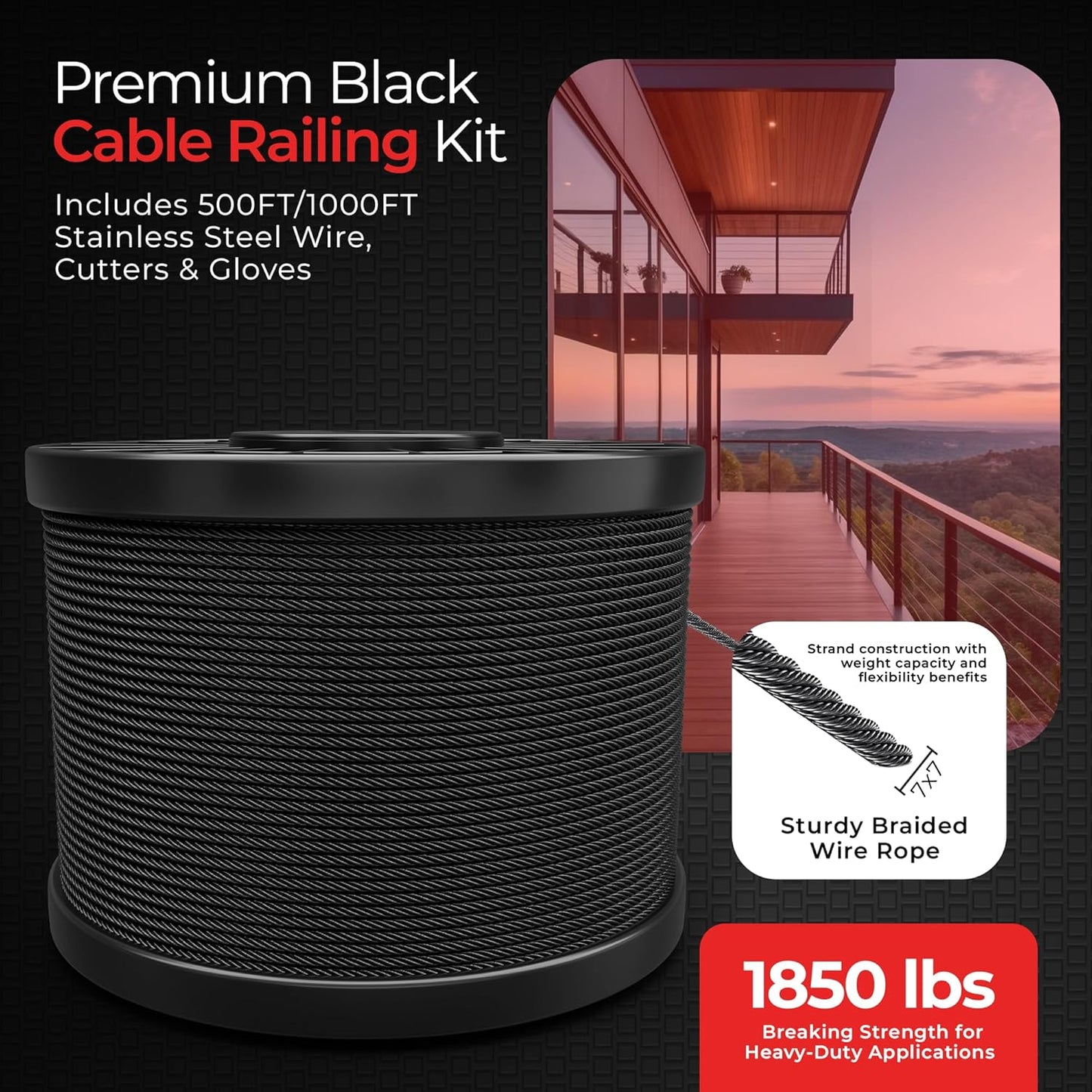 1000FT 1/8" T316 Stainless Steel Cable - 7x7 Strands Wire Rope - Black Phosphate Coating - Cable Cutters & Gloves Included - Aircraft Cable for Indoor & Outdoor - Cable Railing Stair