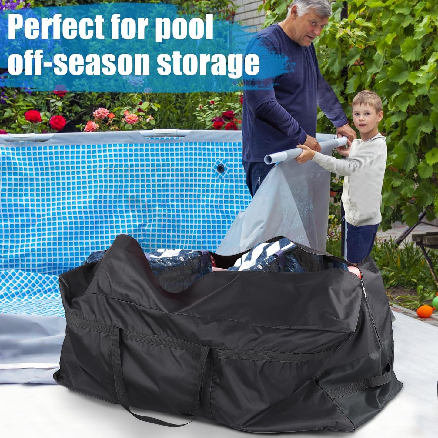 140 Gallon Extra Large Storage Bag for Aboveground Pools - Heavy-duty Pool Cover Storage with 4 Carrying Handles, Outdoor Patio Cushion Bag, 56''x24''x24''