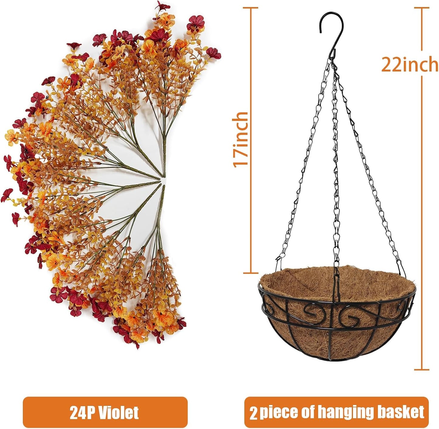 2Pack Fall Artfiticial Hanging Flowers Baskets for Outdoors, UV Resistant Fake Fall Hanging Plants, Faux Orange Flowers for Autumn Home Patio Front Porch Balcony Decor (Yellow Red)