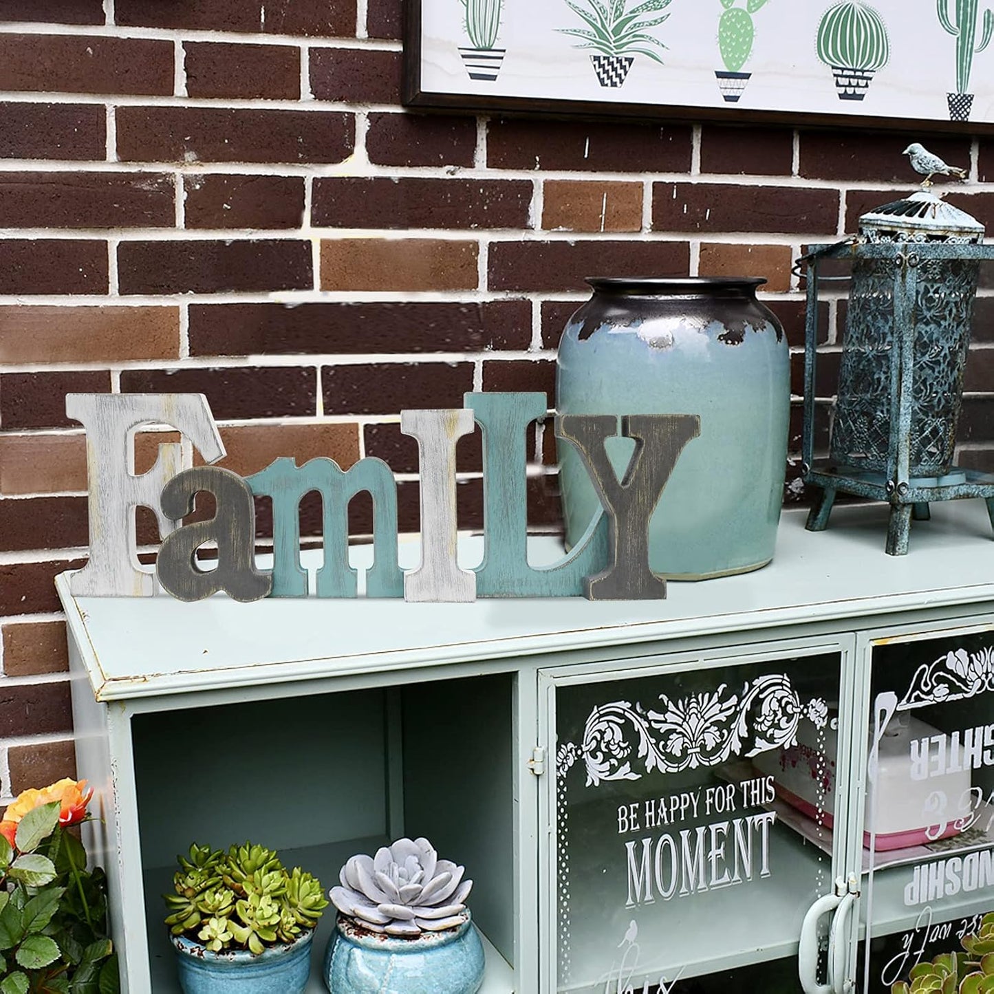 E-view Wooden Letters Sign Decorative Wood Block Signs Freestanding Word Cutout Distressed Teal Sign for Shelf Table Mantle Hanging Ornament Rustic Home Decor (Family)