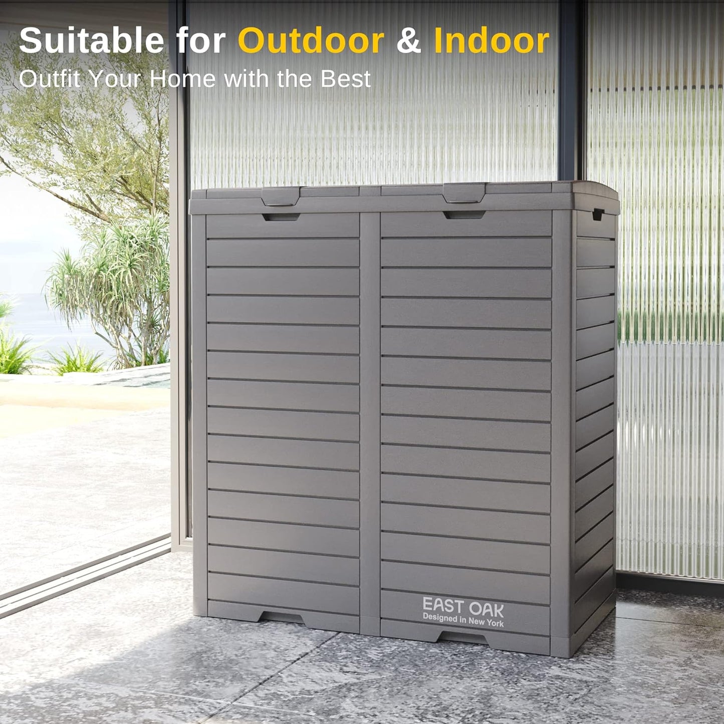 EAST OAK 76 Gallon Outdoor Trash Can | Waterproof Resin Garbage Can with Tiered Lid & Drip Tray | Outside Trash Bin for Patio | Kitchen, Backyard & Deck | Gray Color