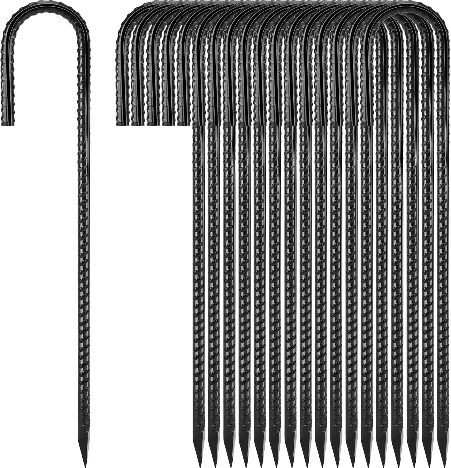Ground Stakes 12 inches 18-Pack J Hook Rebar Stakes 5/16" Diameter Tent Stakes Heavy Duty Metal Stakes for Outdoor Decorations, Yard Inflatables and Chain Link Fence