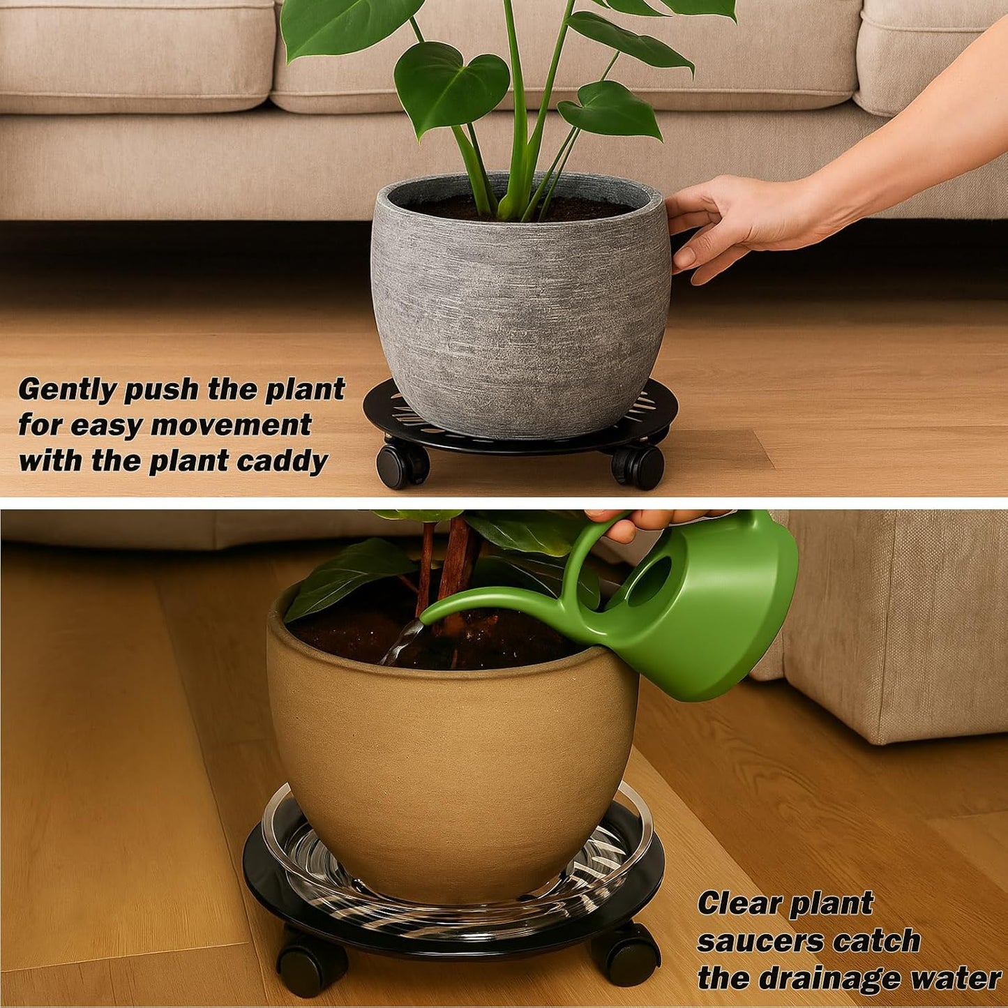 4 Packs Large Metal Plant Caddy with PU Wheels 13" Heav-duty Wroght Iron Rolling Plant Stands Indoor Outdoor Wheeled Plant Dolly Planter Mover Rollers Plant Trolley Cart, Plant Saucers Included