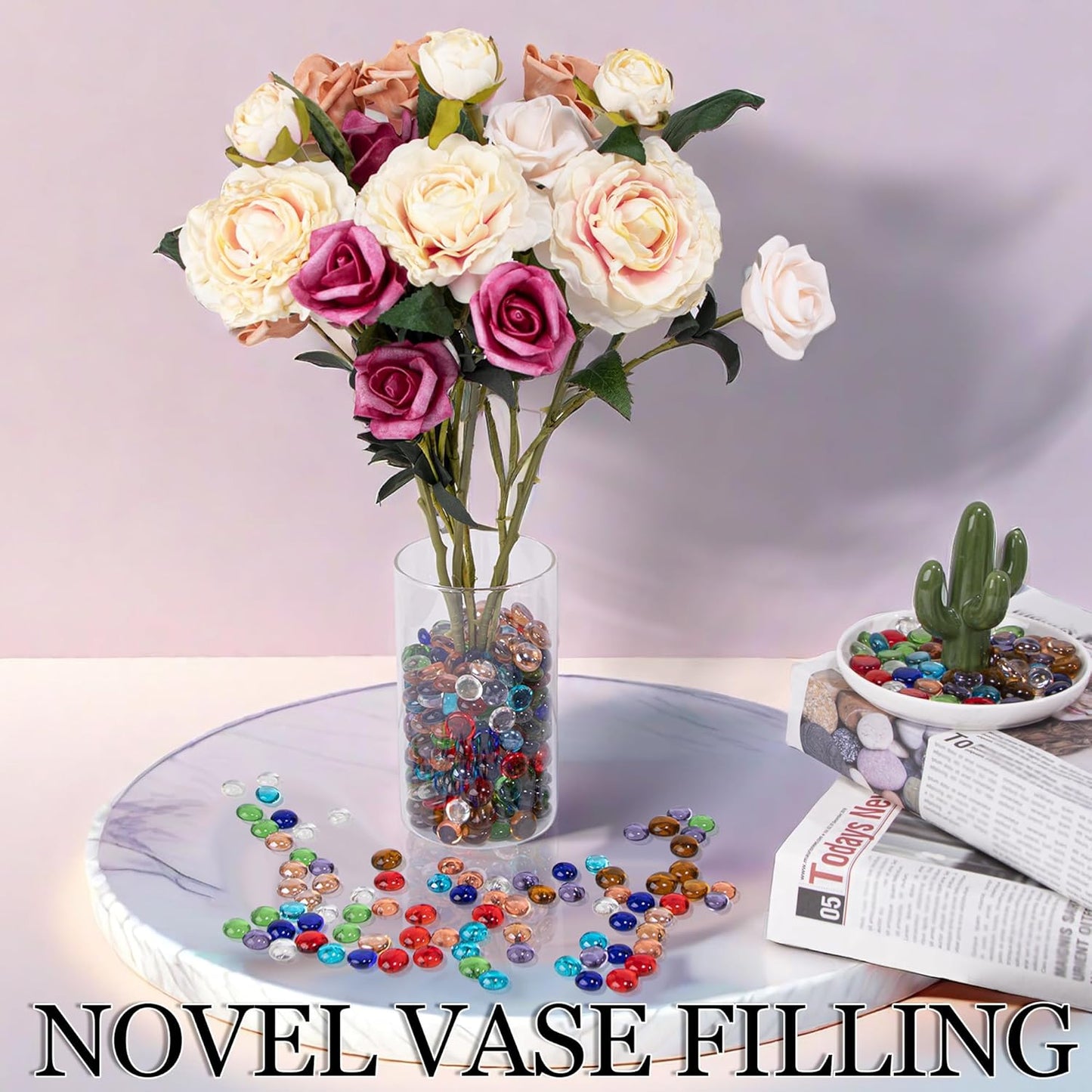 1LB Mini Glass Gems,Mixed Colour Mancala Stones Flat Bottom Marble Beads for Home Decorative Art Craft Vase Filler(0.5"~0.7")