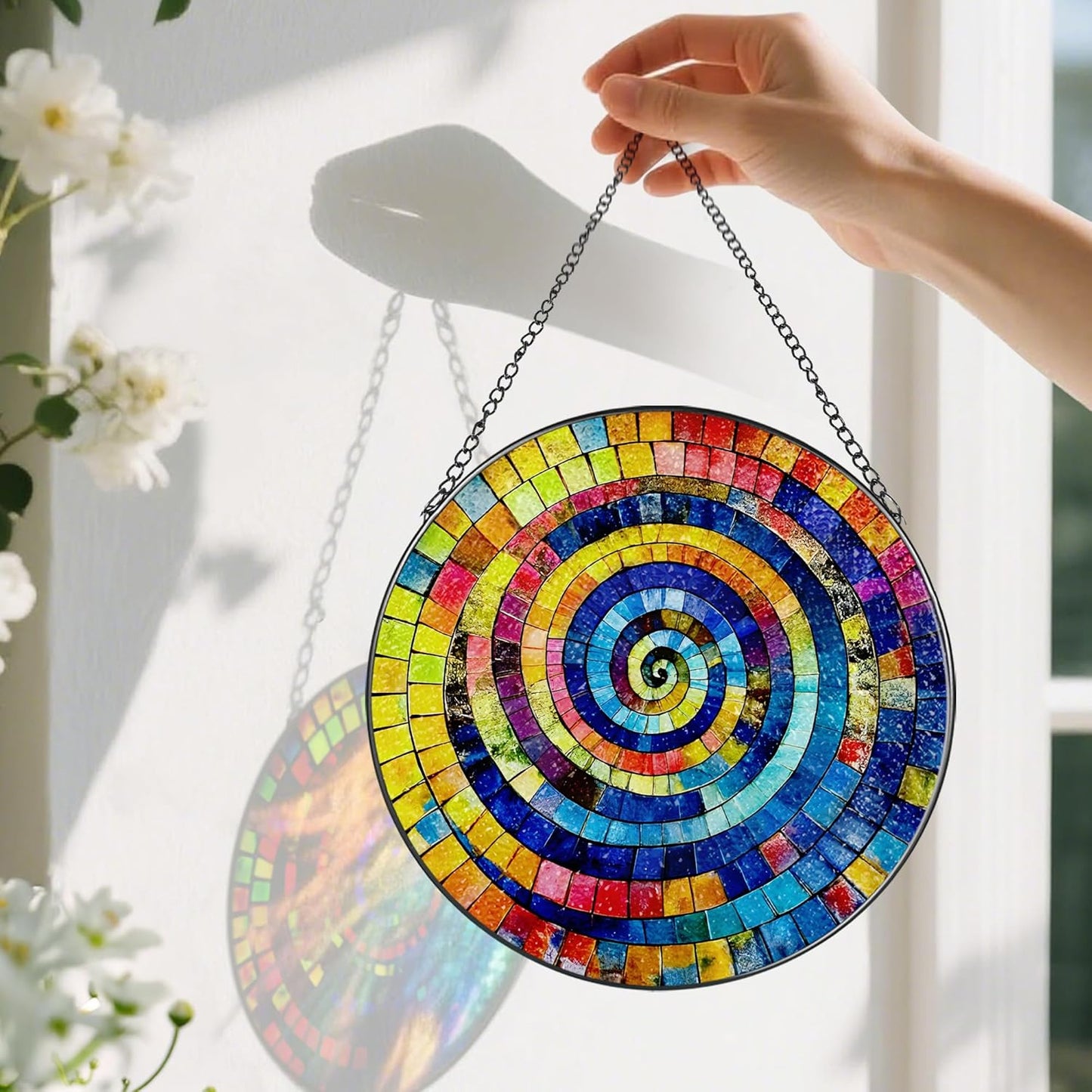Stained Glass Window Hanging, Pauyadu 8 Inch Rainbow Spiral Stained Glass Suncatcher, Suncatchers for Windows Hanging, Window Decor, Gifts for Art Lovers, Idea Gifts for Women, Friend, Lover