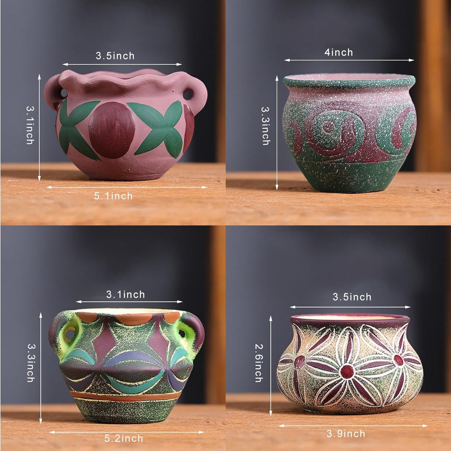 4 Piece Ceramic Plant Pots Indoor Pots Set with Drainage Holes, Rustic Colorful Decorative Flower Pots for Indoor&Outdoor Little Plants, Cute Cactus/Bonsai Plant Pots