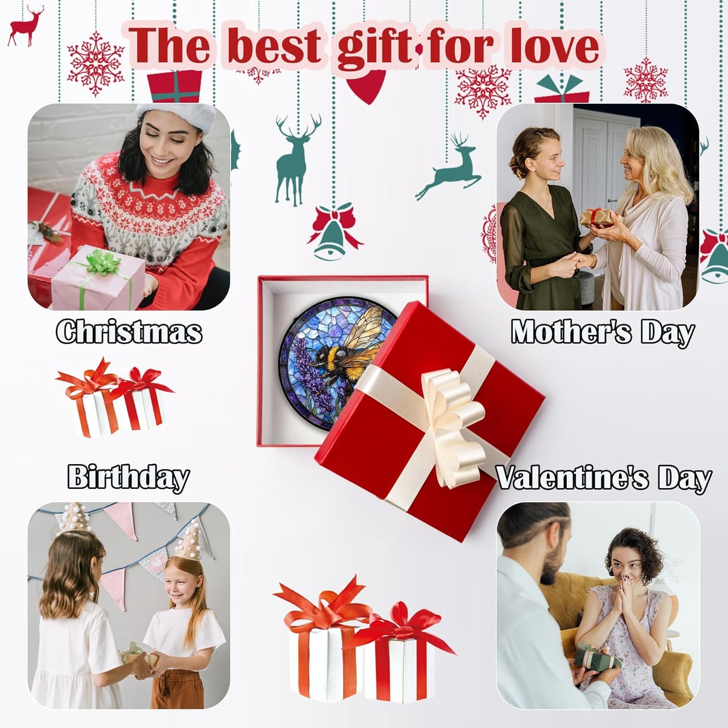 Stained Glass Window Hanging, Bee Lavender Sun Catchers Diamond Glass Panel Hangings Insect Suncatcher Decor for Birthday for Women, Men, Wife, Aunt, and Mom 6.3 in