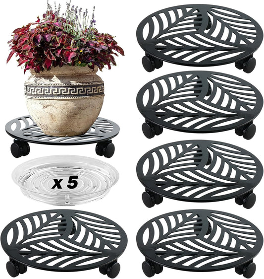 5 Packs Large Metal Plant Caddy with PU Wheels 12" Heavy-Duty Wrought Iron Rolling Plant Stands Indoor Outdoor Wheeled Plant Dolly Planter Mover Rollers Plant, Leaf Style