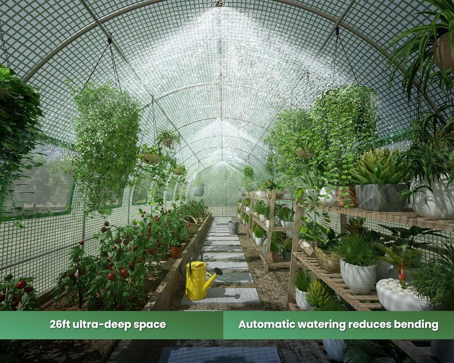 HOWE 26x10x7FT Heavy Duty Tunnel Greenhouse Kit with Watering System, Upgraded Swing Door Outdoors Greenhouse with Galvanized Steel Frame Film Clips & Ground Pegs, Green