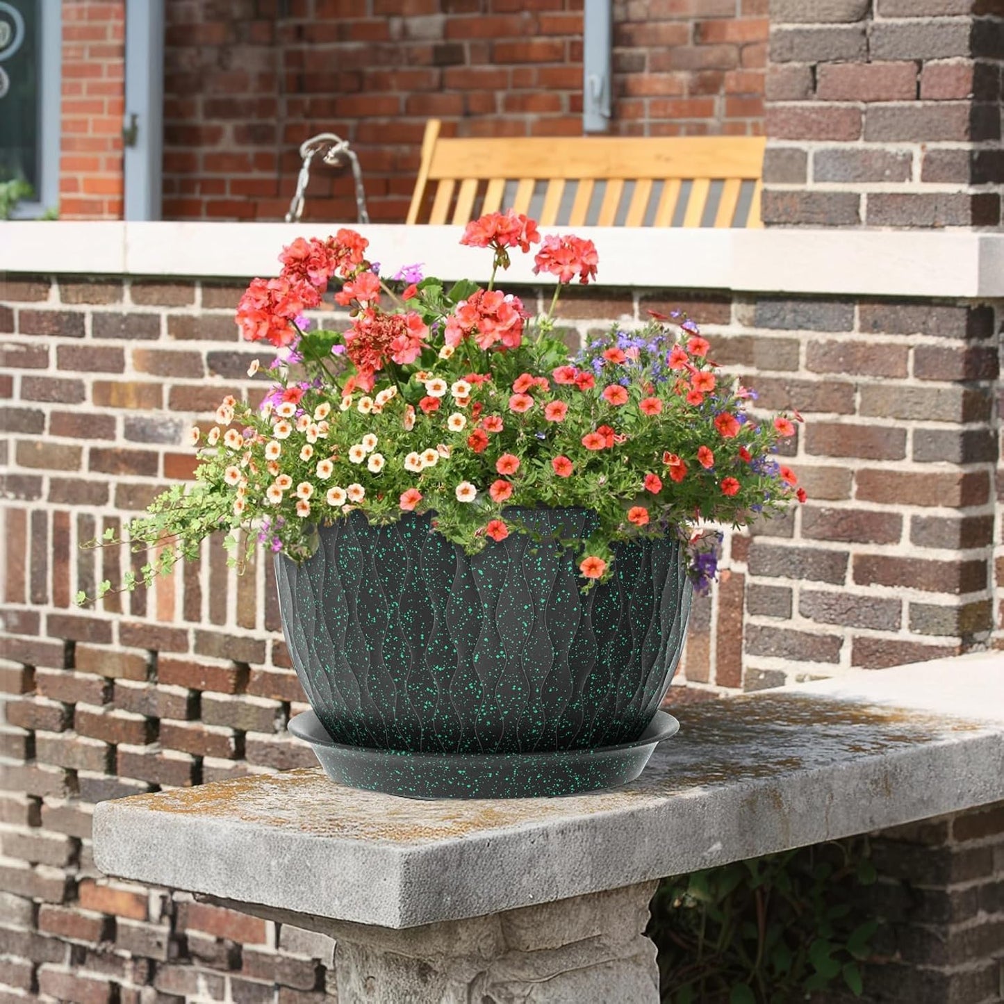 12/10/9 inch Large Plant Pots, 3 Pack Wide Flower Pots for Outdoor Indoor Plants, Water Ripples Plastic Planters with Drainage Holes and Saucers for Garden Hourse, Black with Green Speckles