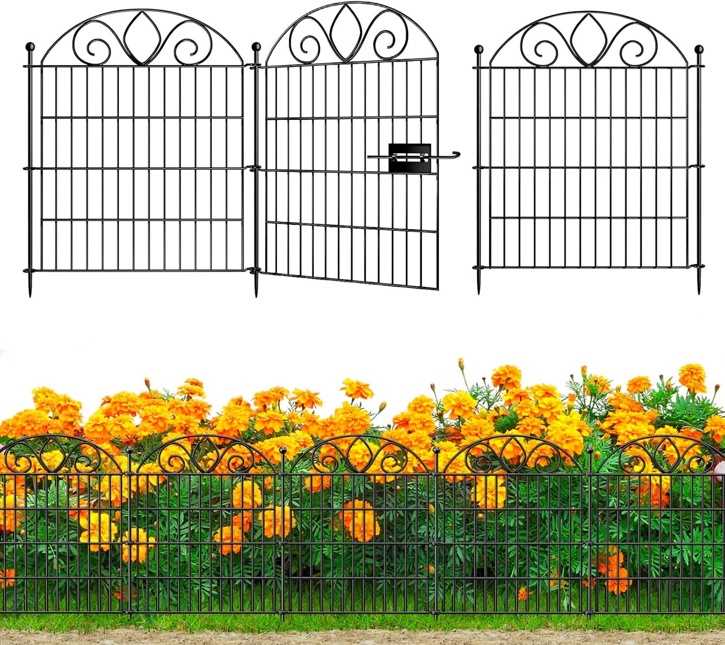 5 Panels No Dig Decorative Garden Fence with Gate – 28" H X 9.8' L Rustproof Metal Dog Fence Outdoor for Yard, Animal Barrier Fence for Pet, Garden Border, Patio, Flower | Temporary Fencing
