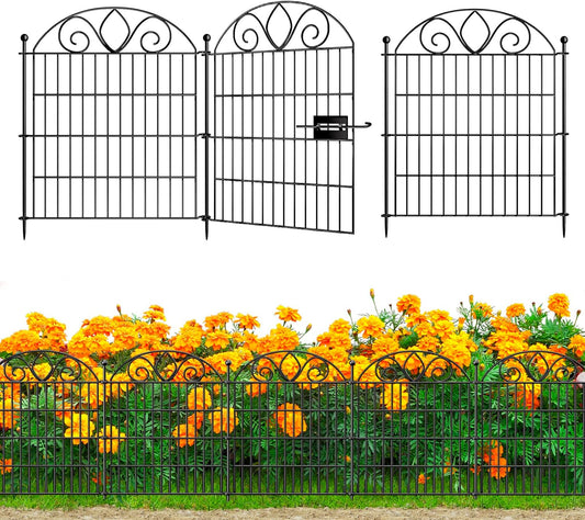 5 Panels No Dig Decorative Garden Fence with Gate – 28" H X 9.8' L Rustproof Metal Dog Fence Outdoor for Yard, Animal Barrier Fence for Pet, Garden Border, Patio, Flower | Temporary Fencing