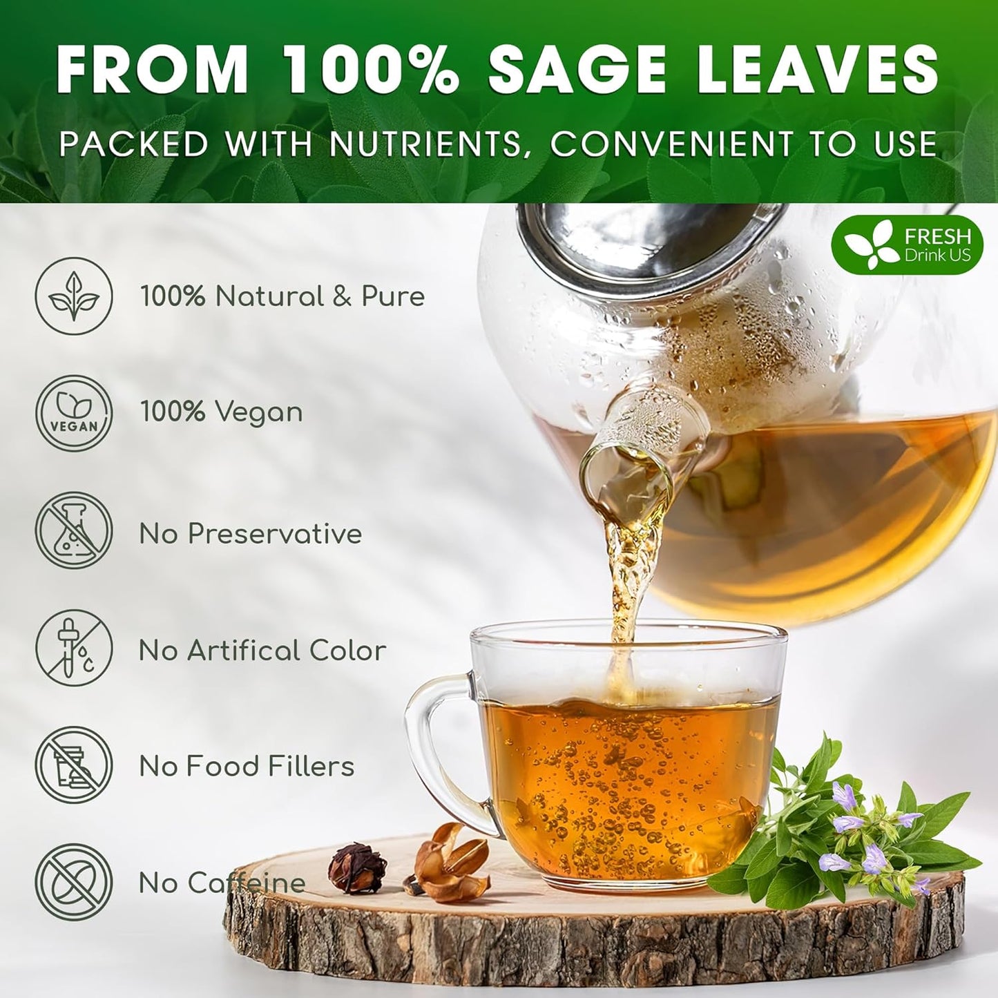 FreshDrinkUS, Premium 35 Sage Leaf Tea Bags, 100% Natural & Pure from Sage Leaves. Loose Leaf Sage Herbal Tea. Made with Natural Material Tea Bags. No Sugar, No Caffeine, No Gluten, Vegan.