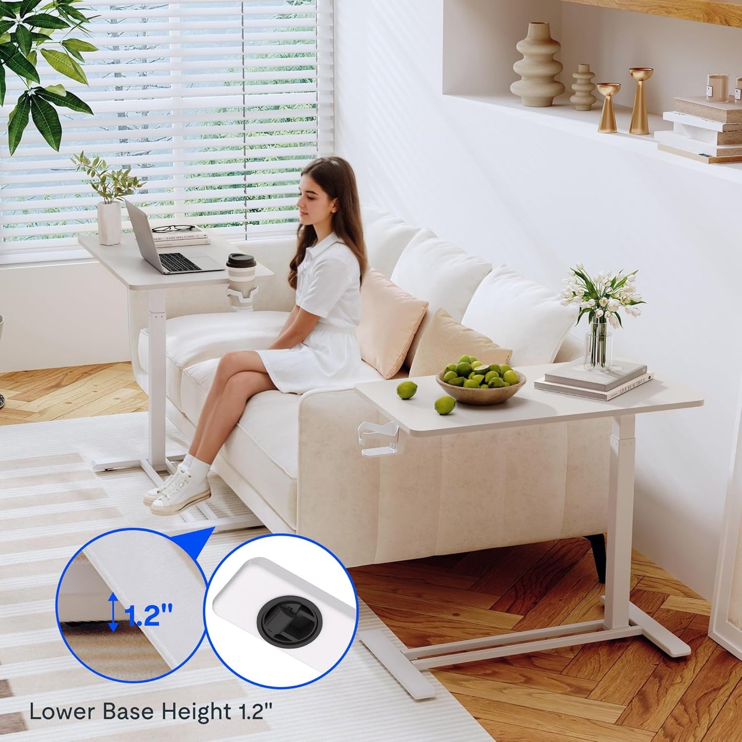 FLEXISPOT Adjustable C Table with Wheels, Mobile Snack Side End Table Sofa Couch Bedside Table Laptop Rolling Cart TV Tray Night Stand Small Space Side Table,(27.6" W x 15.7" D,White)