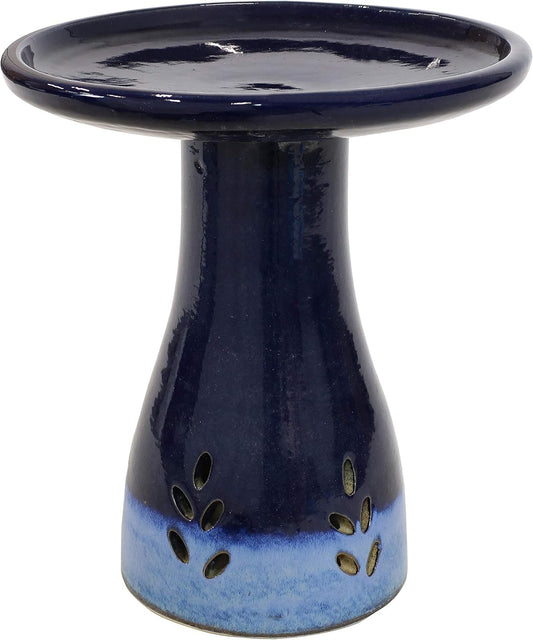Sunnydaze 21" H Ceramic Bird Bath for Outside - Hand-Painted Outdoor Bird Bath Bowl, UV/Frost-Resistant Finish - Dark Blue - Cut Out Pedestal
