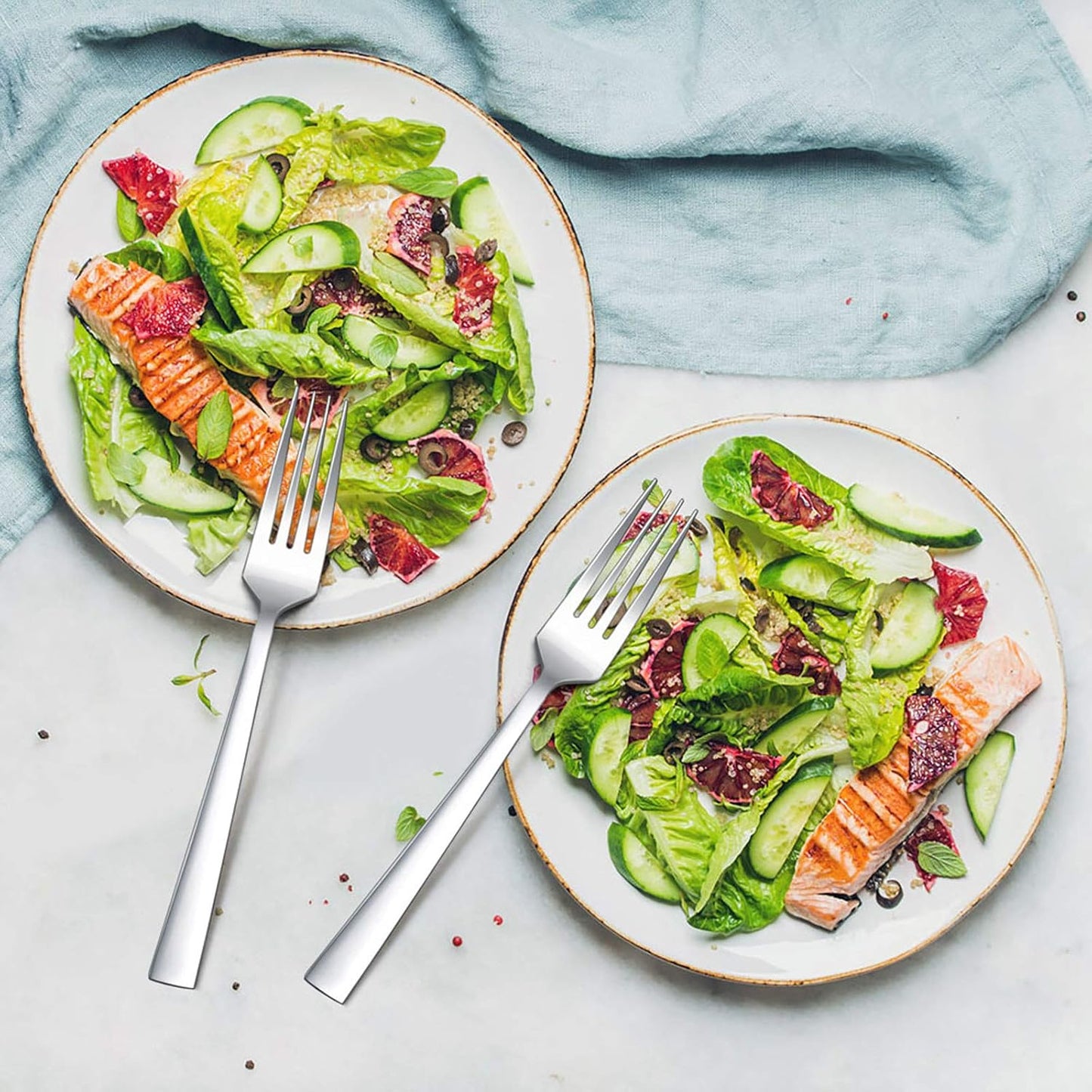 Dinner Forks Set of 6, E-far 7.9 Inch Stainless Steel Forks for Home, Kitchen or Restaurant, Non-toxic & Mirror Polished, Squared Edge & Dishwasher Safe