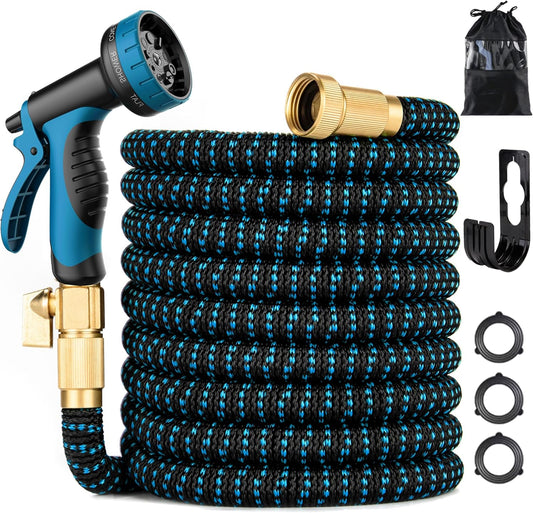 50 ft Expandable Garden Hose - Kink Free Flexible Water Hose 50ft with 10 Pattern Spray Nozzle, 3/4 Solid Brass Connectors, Retractable Latex Core - Lightweight Expanding Hose