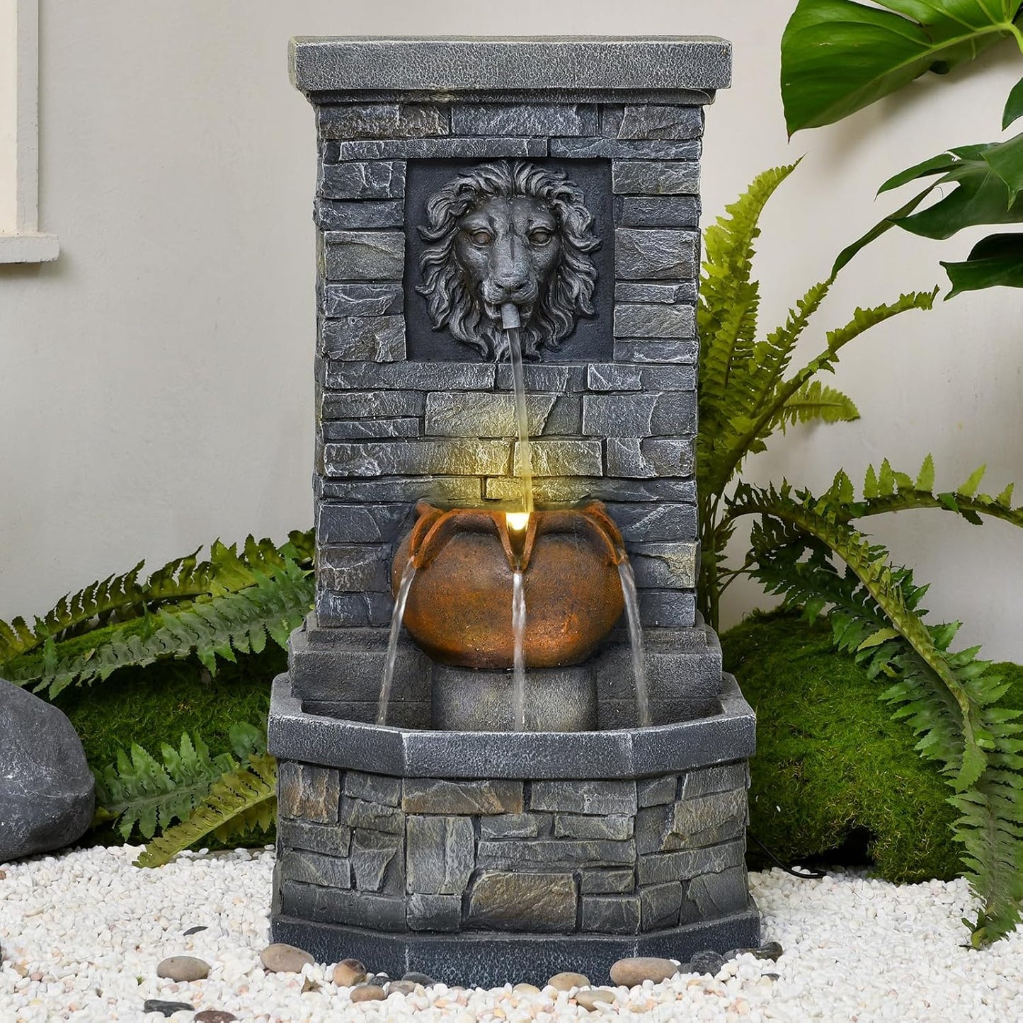 32.28'' Outdoor Garden Floor-Standing Water Fountain Lion Head Stone with Lights Outdoor Waterfall for Patio, Backyard, Deck, Porch and Home Art Decor