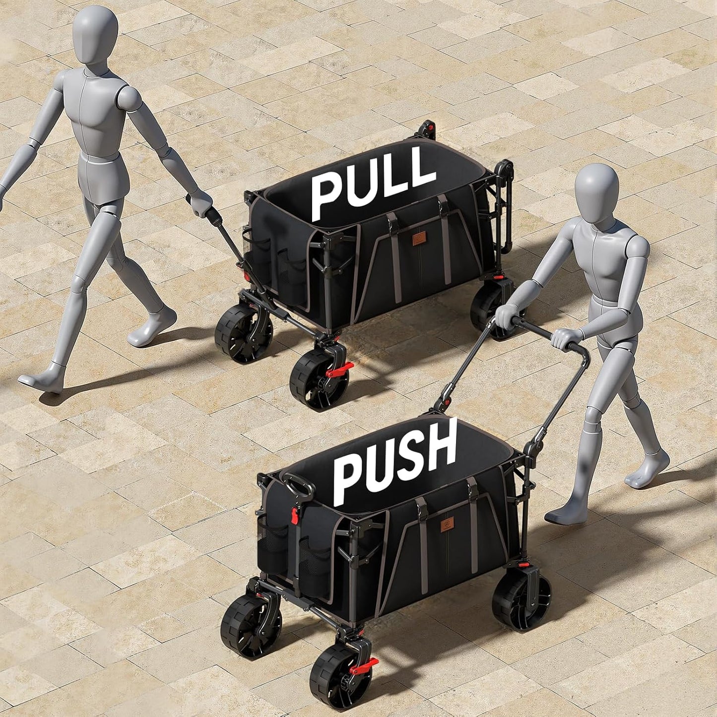 EVER ADVANCED Folding Push Wagon with Brakes, Portable Shopping Cart, Collapsible Wagon Cart with All-Terrain Big Wheels for Camping, Beach, Sports