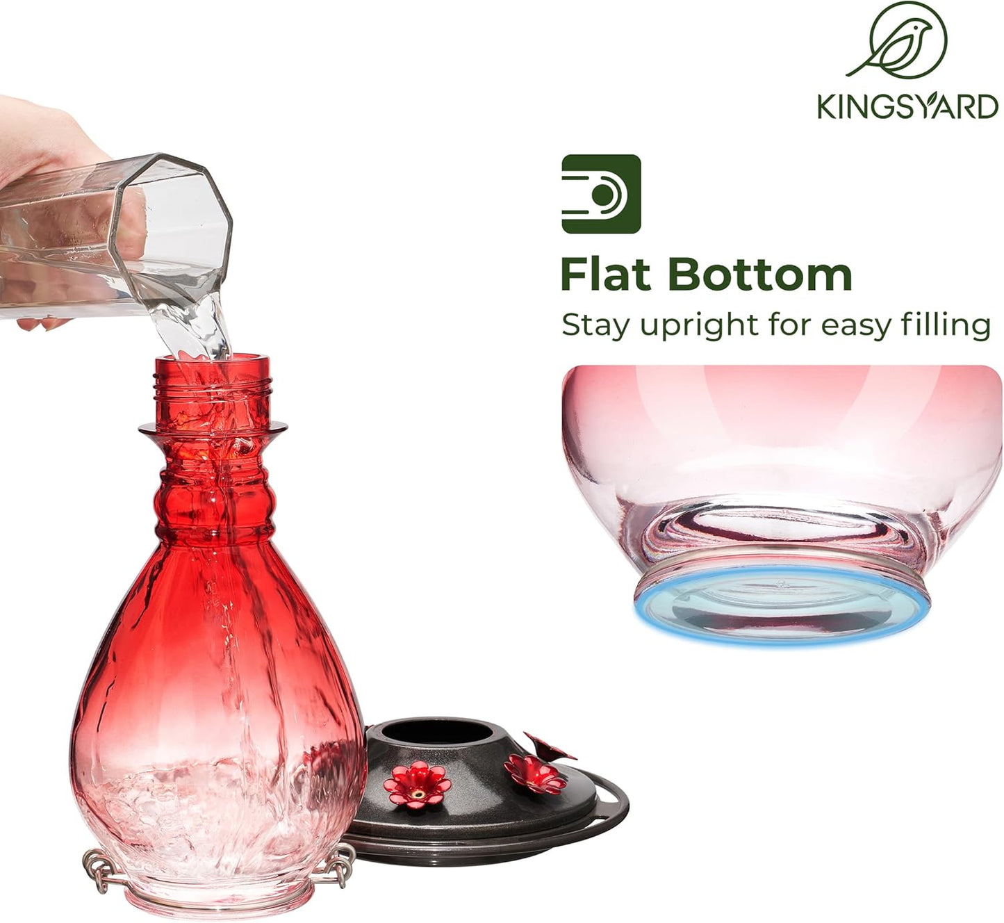 Kingsyard Glass Hummingbird Feeder - 6 Bee Guard Feeding Ports & Ant Moat, 24 oz Leak Proof, Wild Bird Feeder for Outdoors Hanging, Easy to Clean & Refill, Garden Yard Décor, Red & Pink