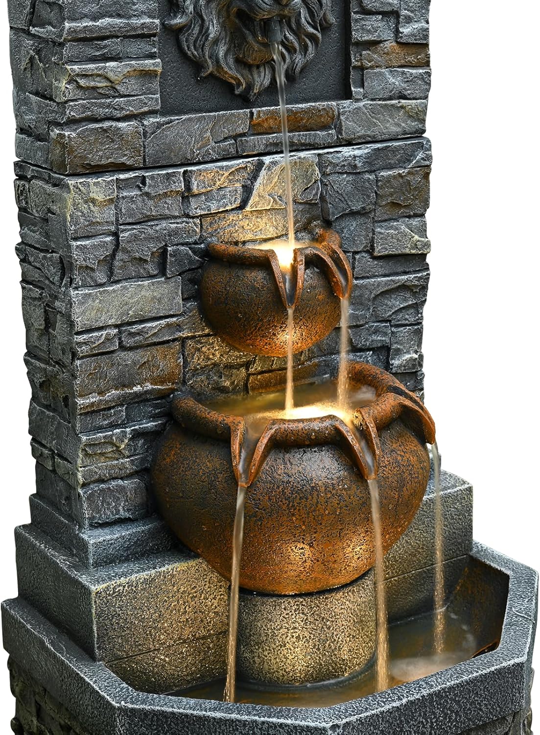 42'' Outdoor Garden Floor-Standing Water Fountain Lion Head Stone with Lights Outdoor Waterfall for Patio, Backyard, Deck, Porch and Home Art Decor