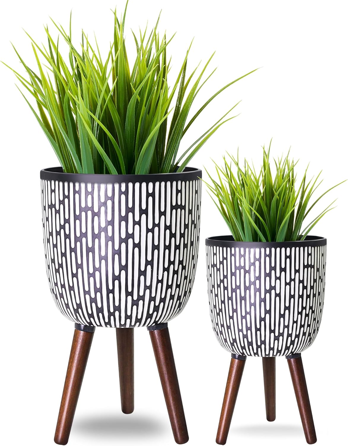 2 Set Plant Pot with Stand 10 & 12 inches, Mid-Century Large Planter with Legs for Indoor Plants, Boho Print Standing Plant Pot with Drainage Plug for Monstera, Herb, Succulent Flower Pot