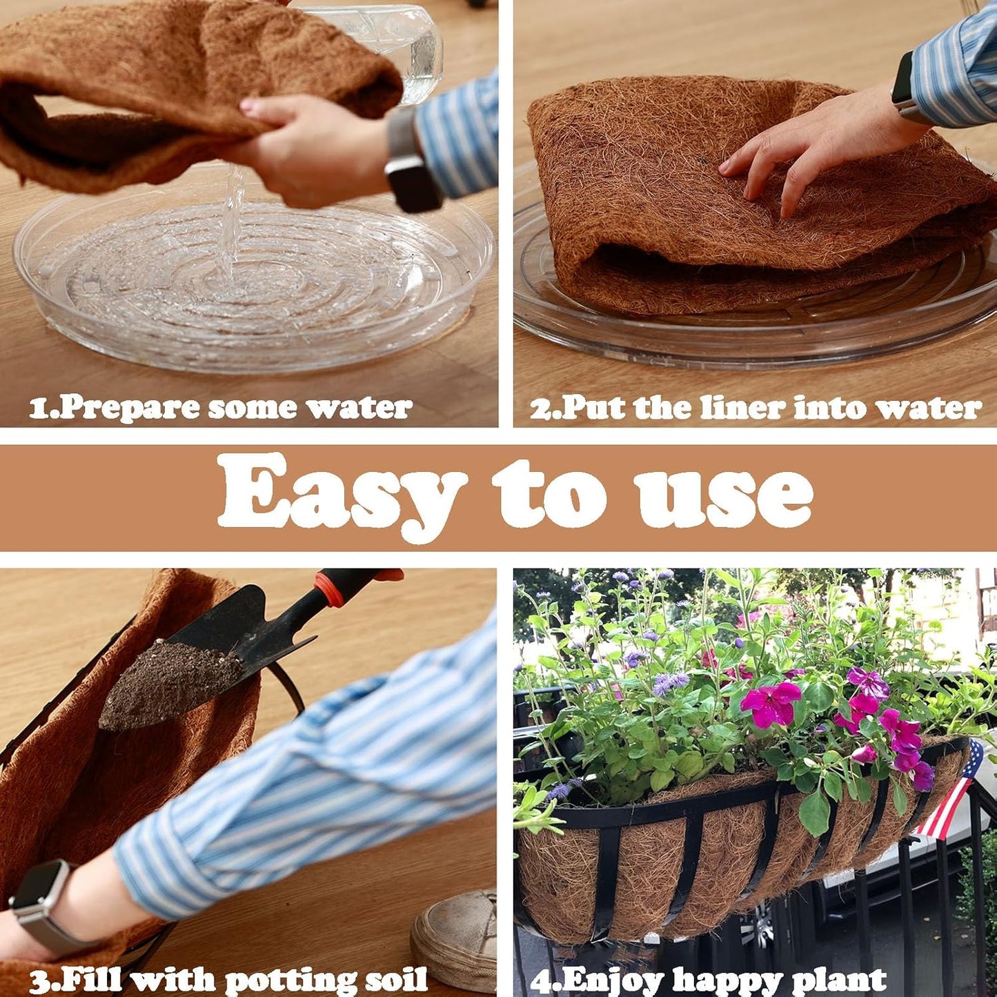 3 Pack Trough Coco Liner 24/30/36 Inch Hanging Basket Liners 100% Natural Coconut Husk Liners for Planters Window Box Planter Inserts for Large Pots Trough Planters Outdoor Garden Decoration