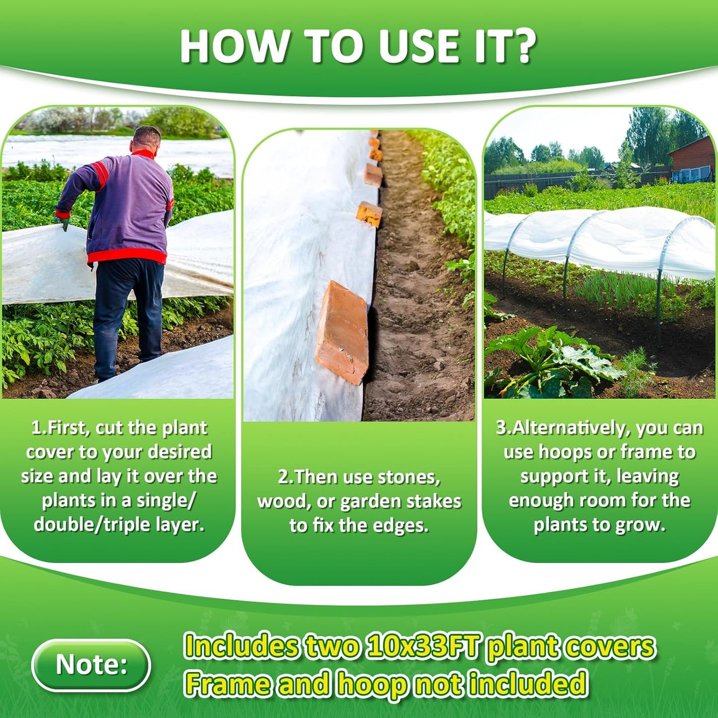 EAONE 10x33 FT Plant Covers Freeze Protection 2 Pack, 0.9oz Floating Row Winter Frosts Cloth for Outdoor, Plant Blankets Drawstring Bags for Cold Freeze Sun Protection Bird Insect Prevention