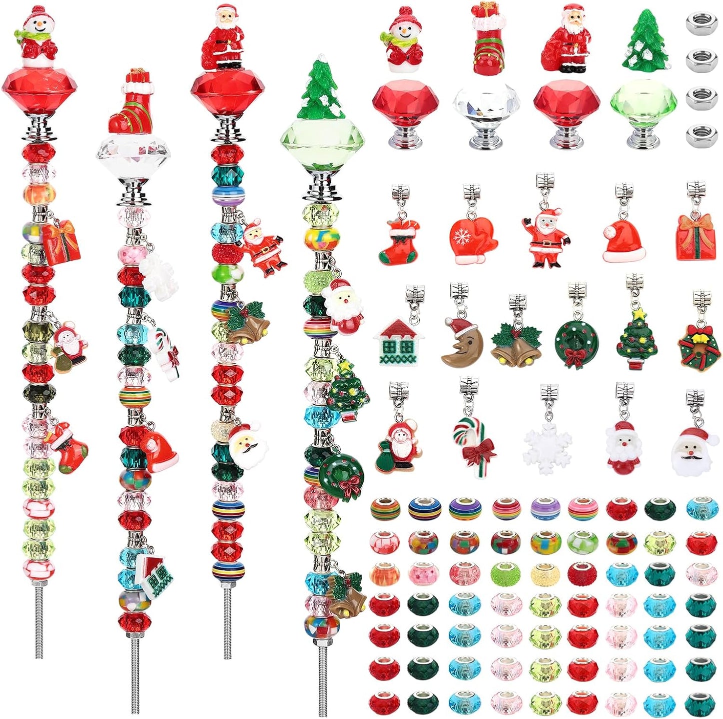 Beaded Garden Stake, DIY Fairy Wand Beaded Decorative Garden Stake Kit with 12IN Threaded Rod Crystal Stopper Top Large Holes Beads Christmas Decoration Pendants Outdoor Fairy Garden kit (110 Pieces)